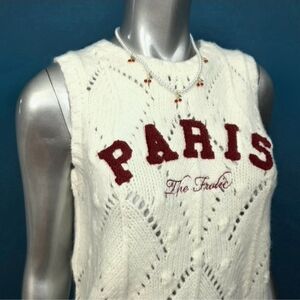 🆕️❤️THE FROLIC Knit Pointelle Stitch Sweater w/ Faux Shearling Paris Logo (NWT)